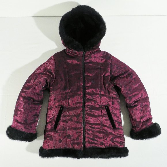 ROTHSCHILD Girl's XL (16) Winter Coat Hooded Metallic Flower Black Faux Fur Trim